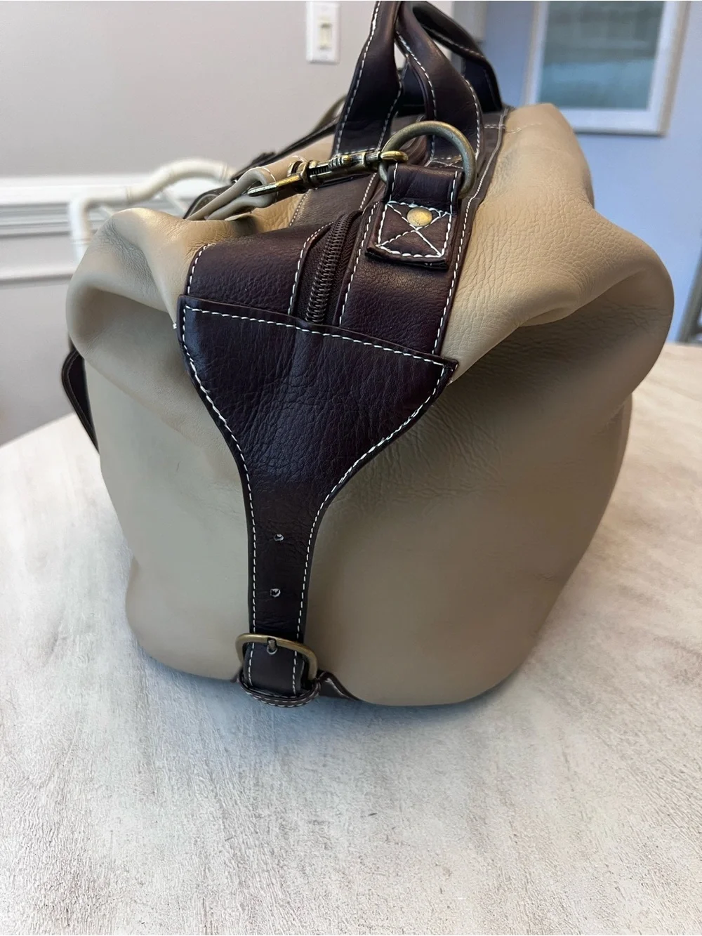 Latico Two-Tone Leather Large Weekender Duffle Carryon Bag - Beige and Brown